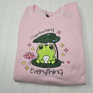 Overthinking Everything Frog Embroidered Women Pink   Sweatshirt Size L